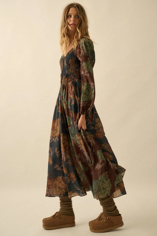 Floral-Print Smocked Sweetheart Maxi Peasant Dress