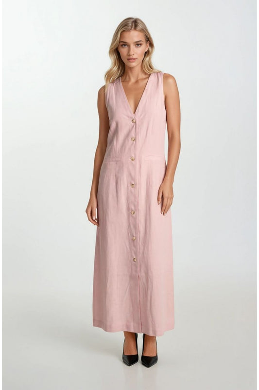 Button Front Pocket Detail Sleeveless Midi Dress